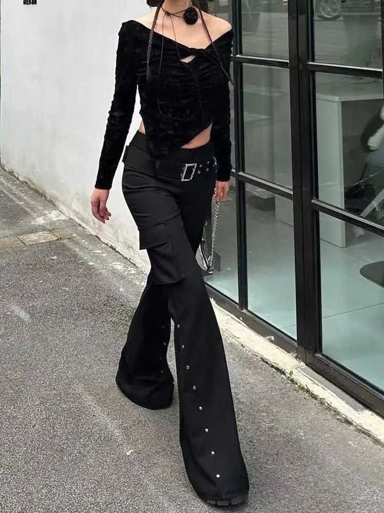 Retro New Pure Black Rivet Design Belt Decorative Slim Pants For Women Y2K Harajuku Goth Low-Waisted Flared Pants R250716