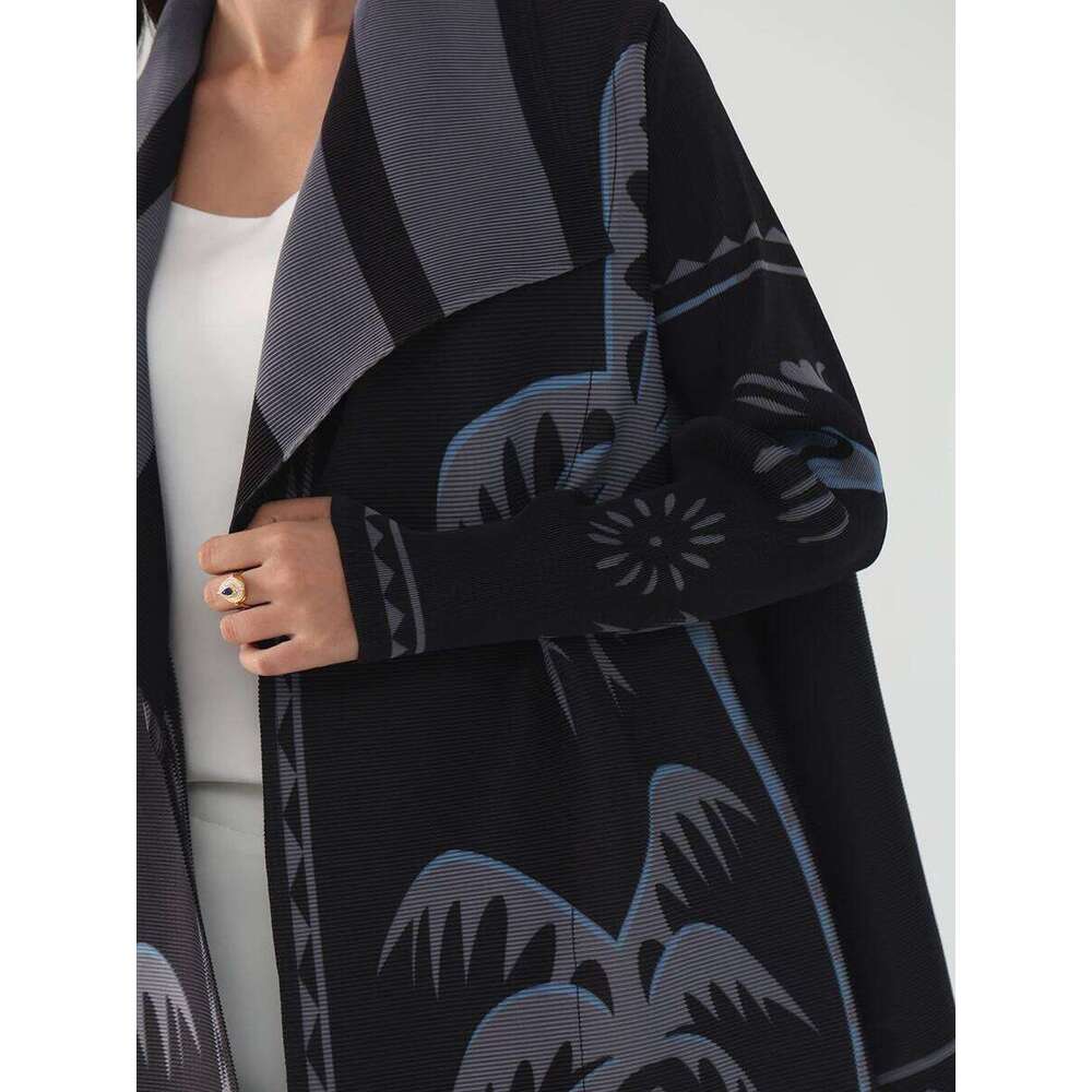 Miyake Pleated Turndown Collar Long Sleeve Printed Abaya Women 2025 New Dubai Original Designer Loose Cardigan Dress Coats