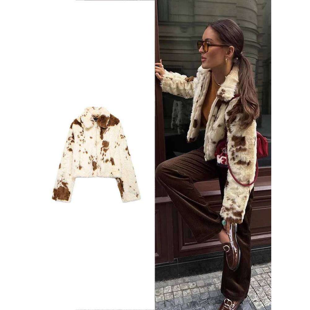 TRAF Fashion Printed Women's Fluffy Faux Fur Elegant Lapel Long Sleeve Winter Thickened High Street Warm Coat