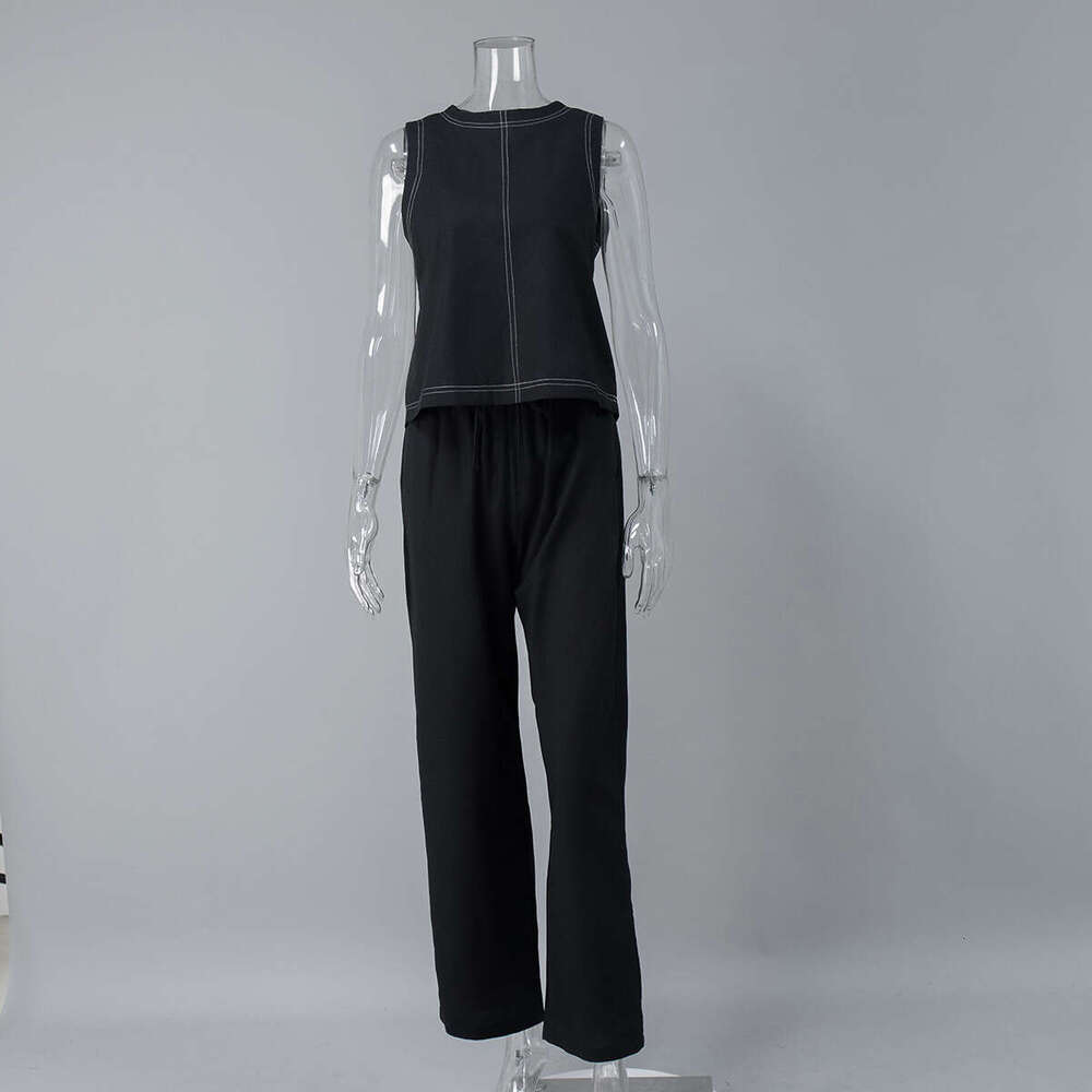 Cotton Linen And Spring Summer New Wide-Leg Pants Sleeveless Vest Casual Set For Women B5
