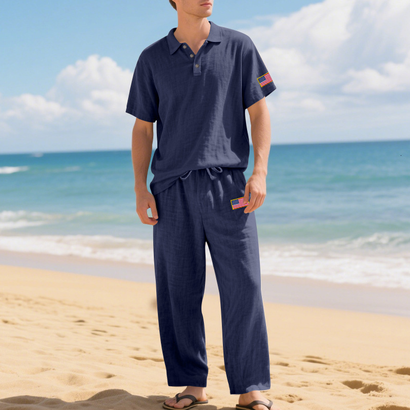 Summer New Linen Short Sleeve Long Pants Loose Turn-Down Collar Casual Independence Day Sports Set