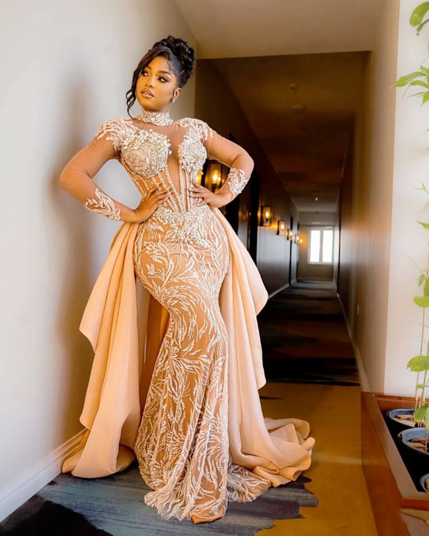Champagne Mermaid Dresses Bridal Gowns With Detachable Train Illusion Long Sleeves High Neck Beaded Lace Wedding Gown For African Black Women D0330