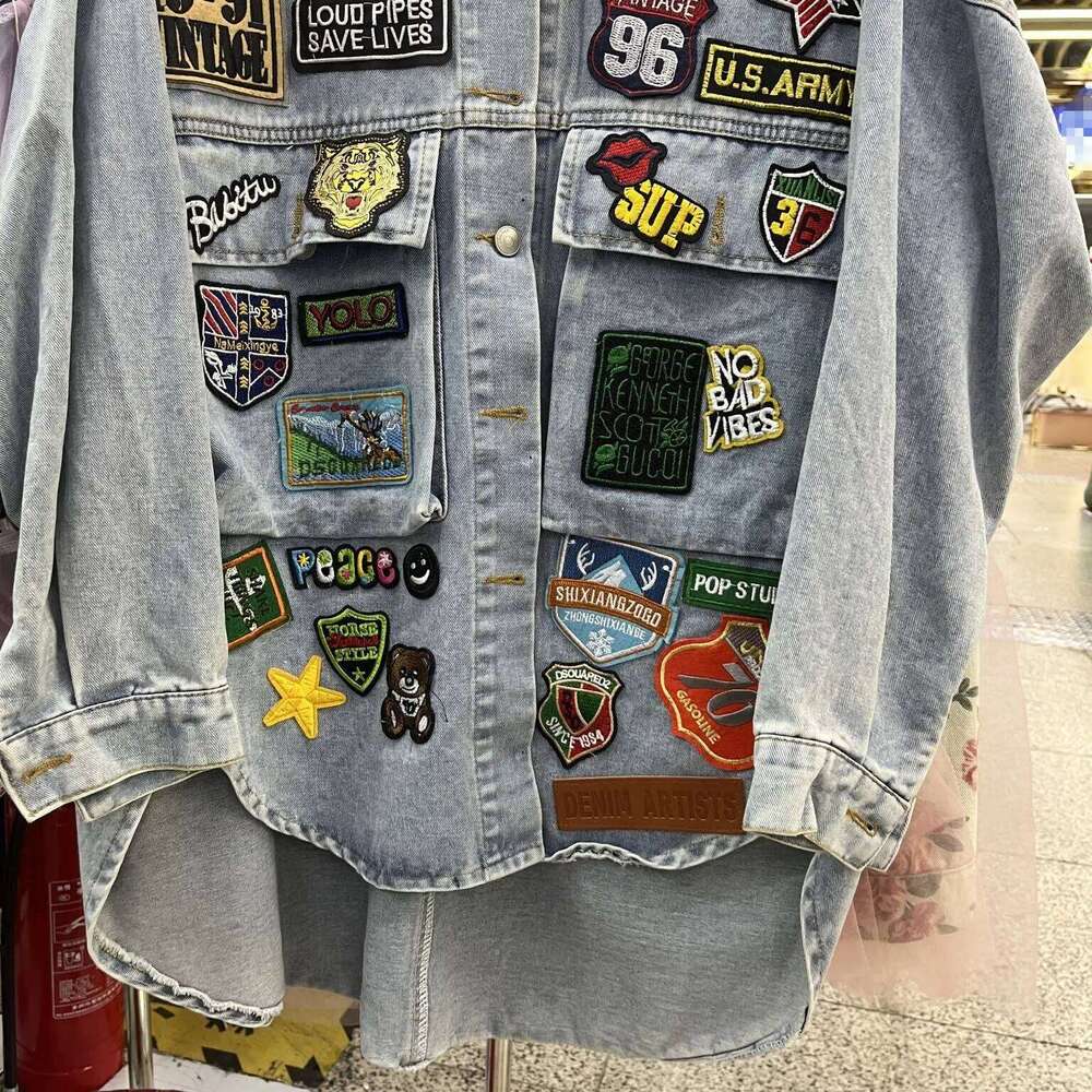 New Blue Jean Jacket Woman American Shirt Fashion Coats Letter Label Loose Denim Coat Medium Long Spring Autumn Tops