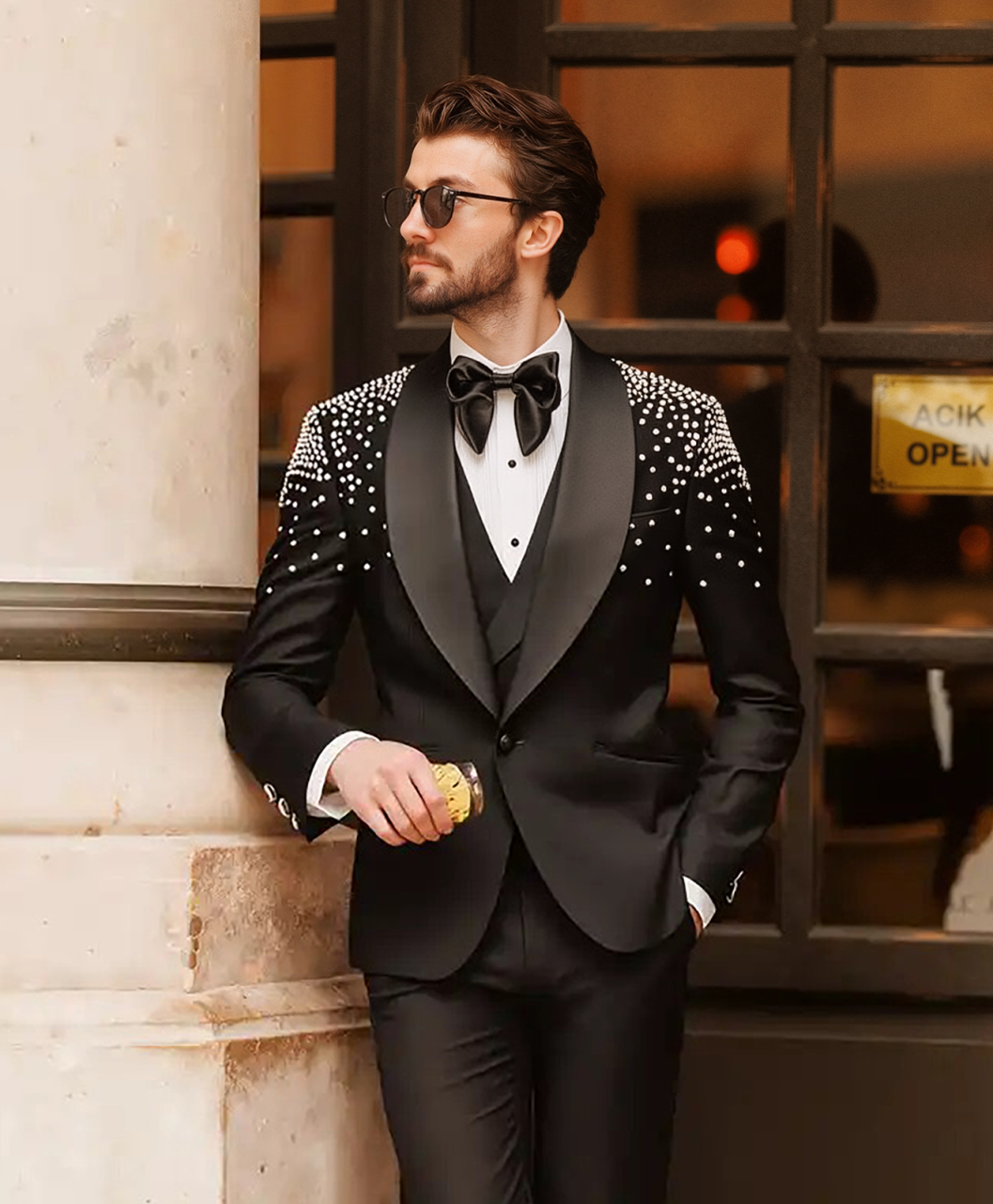 New Fashion Beads Jacquard 2 Pieces Men Suits One Button Shawl Lapel Tuxedo Slim Wedding Groom Prom Plus Size Costume Homme Bridegroom Tailor Made Coa