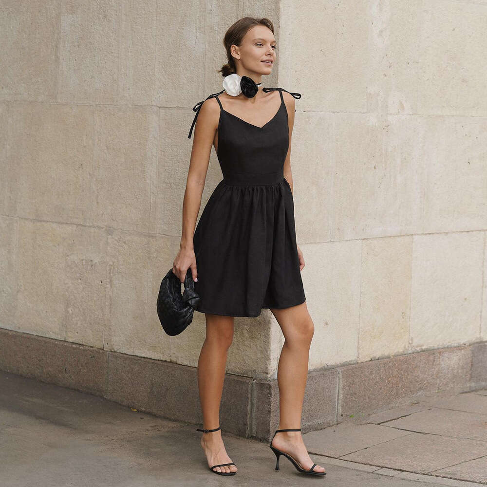 Pure Cotton Spaghetti Strap Backless High Waist Spring Summer New Fashion Tie Short Dress For Women B5