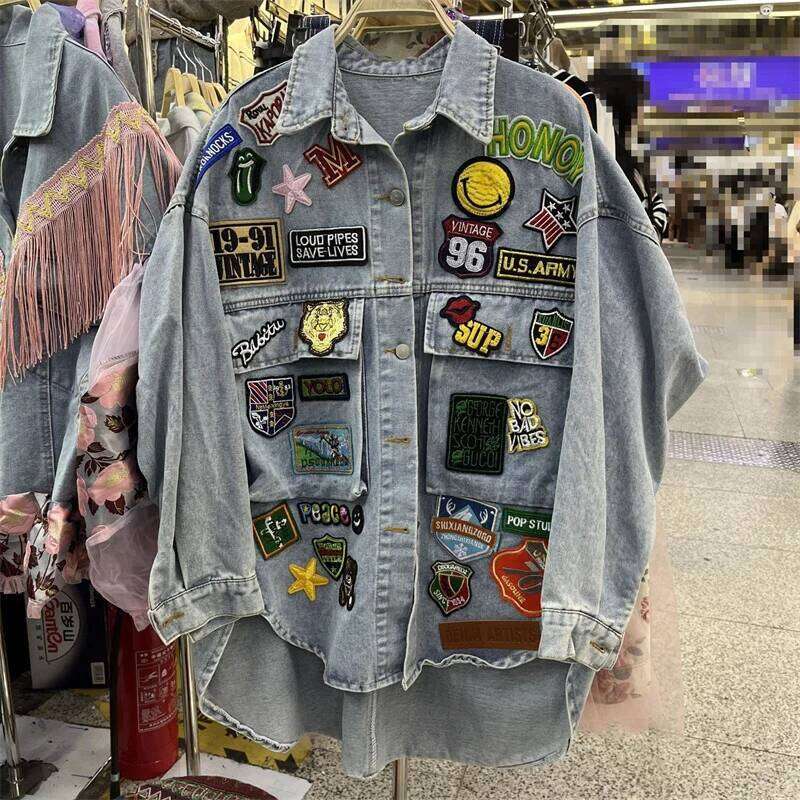 New Blue Jean Jacket Woman American Shirt Fashion Coats Letter Label Loose Denim Coat Medium Long Spring Autumn Tops