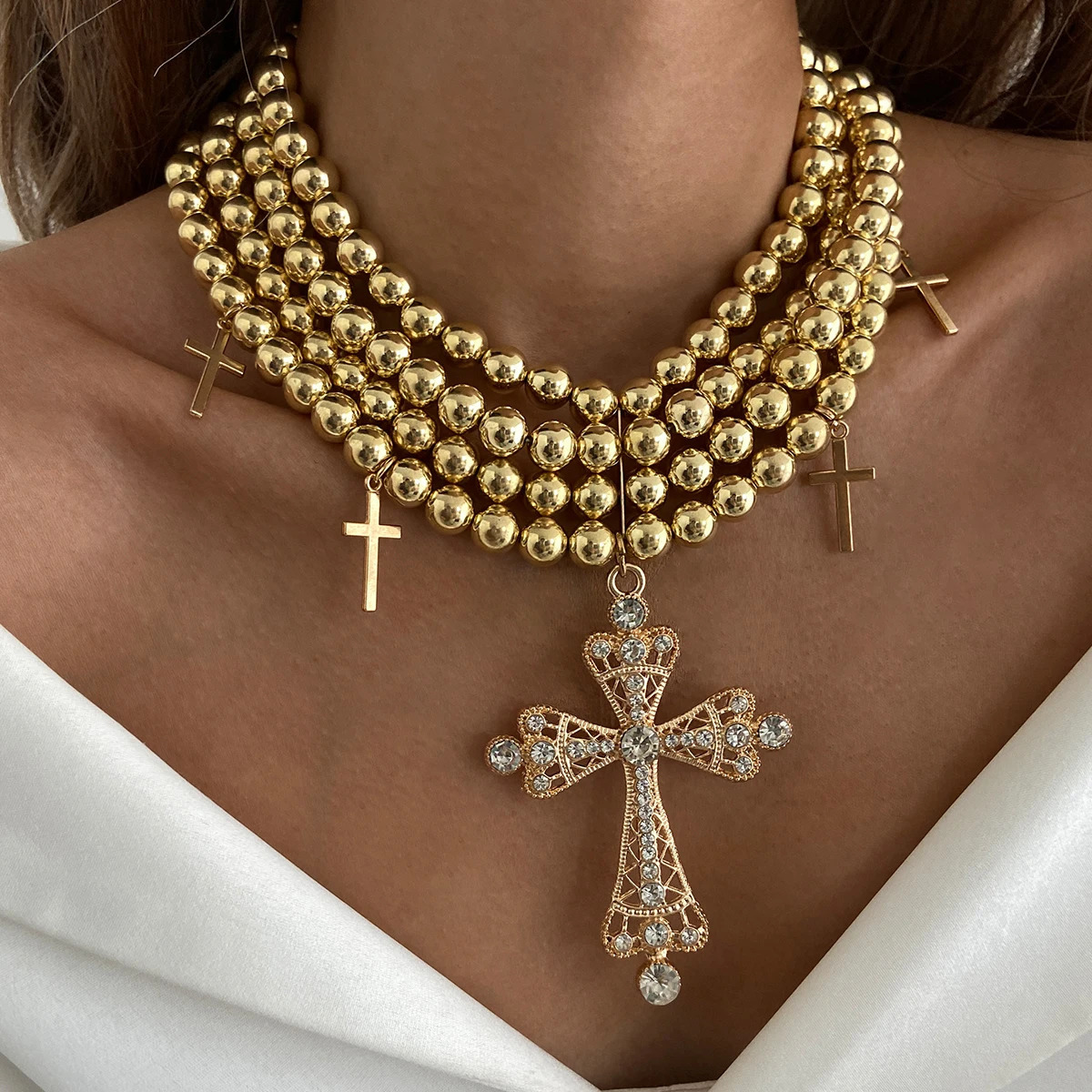 Salircon Exaggerated Inlaid Rhinestone Big Cross Pendant Necklace Women Multilayer Aesthetic CCB Beaded Choker Jewelry 250716