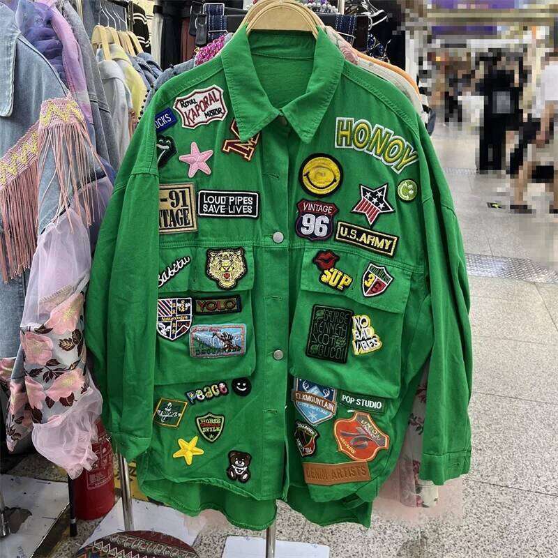 New Blue Jean Jacket Woman American Shirt Fashion Coats Letter Label Loose Denim Coat Medium Long Spring Autumn Tops