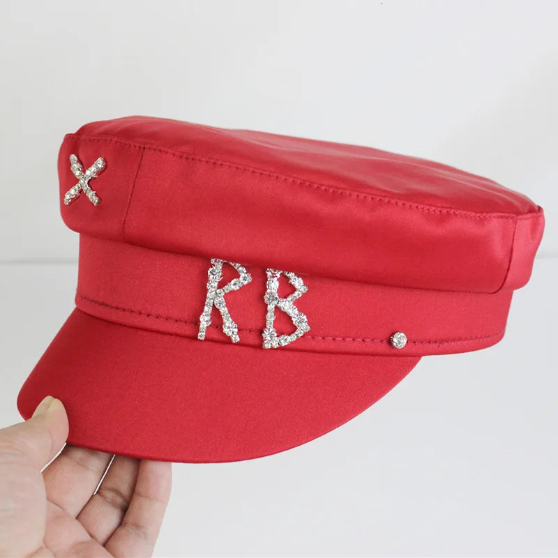 Trendy Satin Letters Flat Top Military Hats Spring Summer sboy Cap Crystal Baker Boy Hat Visor 250716