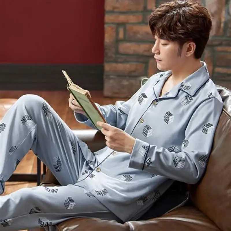 00% Cotton Long-Sleeved Large Size Mens Spring and Fall Winter Pajamas Leisure Sleepwear Homewear Plaid Nightwear Loungewear W250717