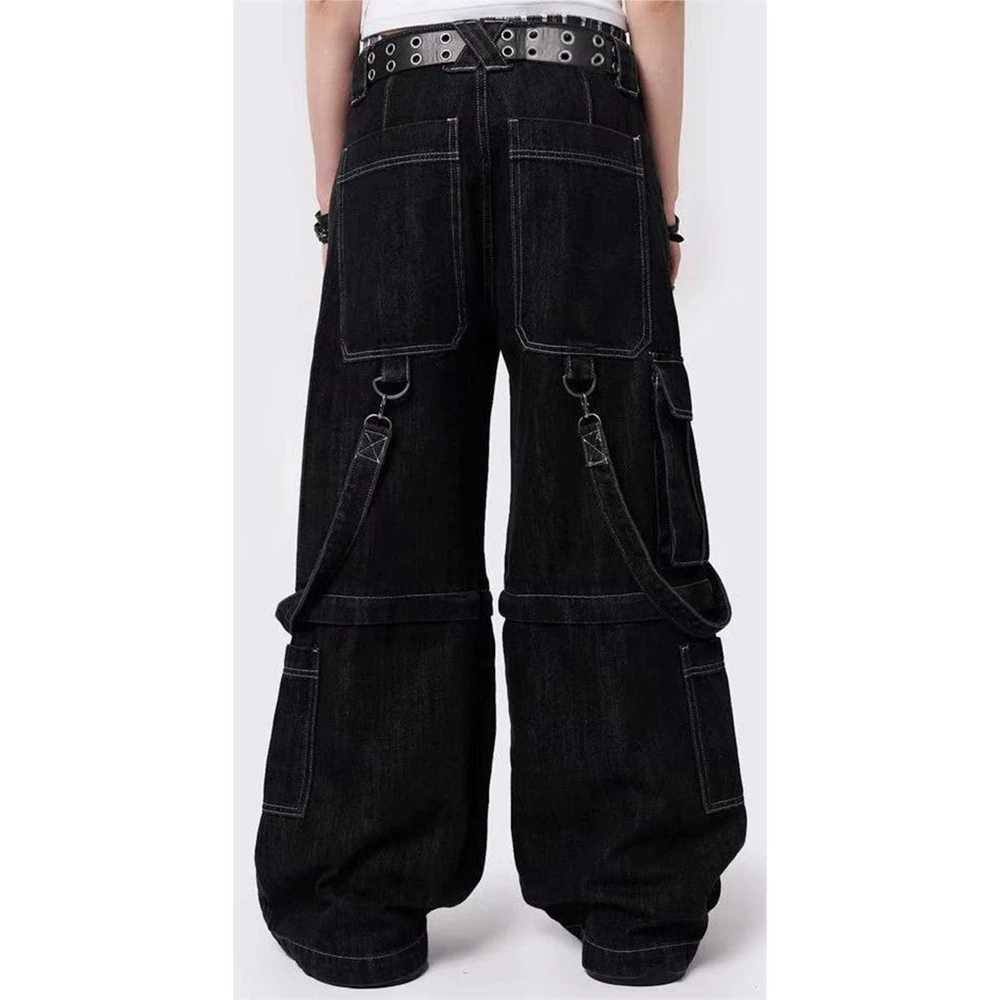 2020 Women Y2K Vintage Cargo Long Pants with Multi Pockets Chain Buckle Button Waist Casual Grunge Wide Leg Denim Trousers R250716