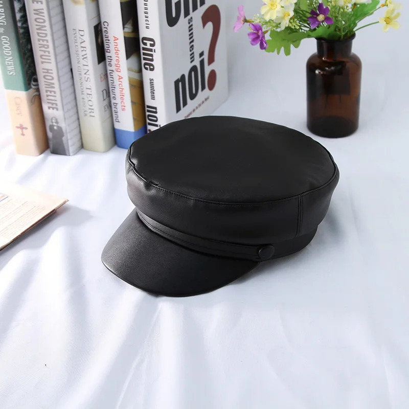 GEMVIE Women Hat With Visor Military Cap sboy Autumn Winter PU Leather Retro Classic Sailor Hat Lady Peaked Cap Black 250716
