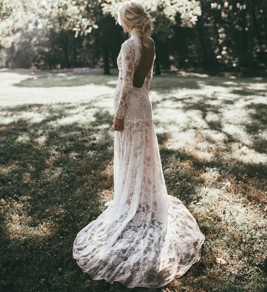 Vintage Full Lace Mermaid Wedding Dresses Long Sleeves HIgh Jewel Neck Backless Sweep Train Wedding Dress Bridal Gowns Vestidos De Noiva