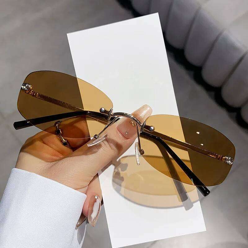 Star square frameless glasses, female hot girl blue y2k high-end street style sunglasses