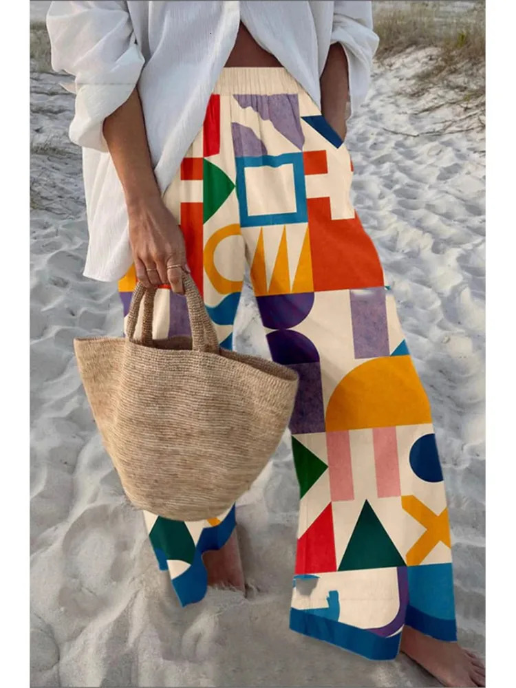 Spring Summer Casual Trousers Loose Sports Wideleg Pants Women Vintage Print Beach Party Holiday Long Clothes 250717