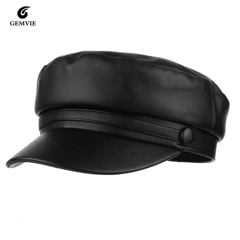 GEMVIE Women Hat With Visor Military Cap sboy Autumn Winter PU Leather Retro Classic Sailor Hat Lady Peaked Cap Black 250716