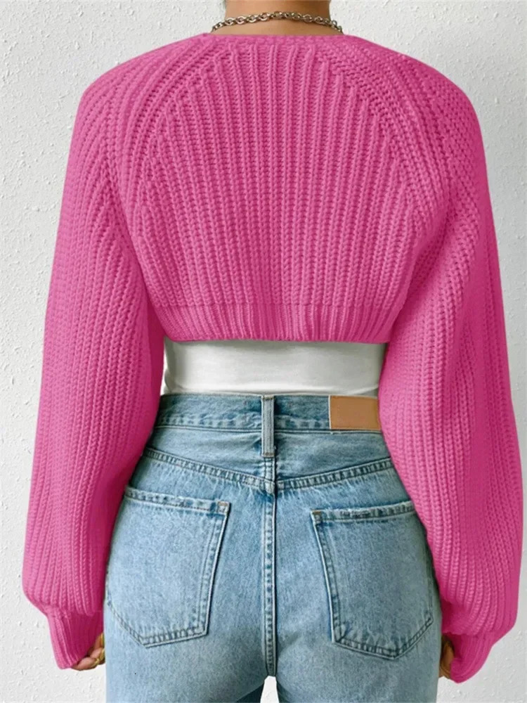 Women Sweater Shrug Solid Color Puff Long Sleeve Cardigan Knit Crop Tops Autumn Winter Vintage Outerwear Fashion Gothic Y2K y250707