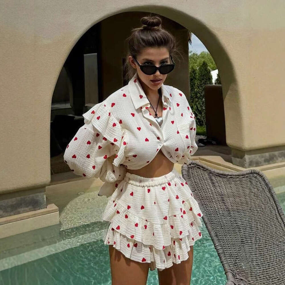 Cotton Printed Spring Summer Ruffled Long Sleeve Shirt + Shorts Casual Set B5