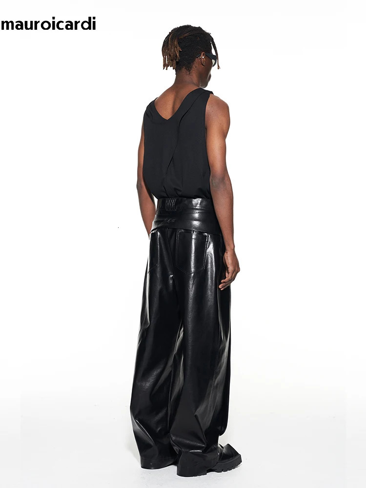Mauroicardi Spring Autumn Long Loose Casual Baggy Black Shiny Reflective Patent Pu Leather Pants Men Wide Leg Trousers Fashions 250704
