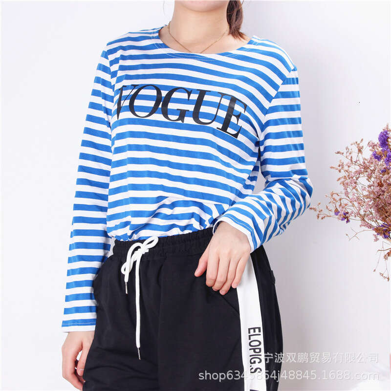 Spring Summer New Printed Striped Cotton Long Sleeve T-Shirt Women's Style Soft Loose Top Vogue B5