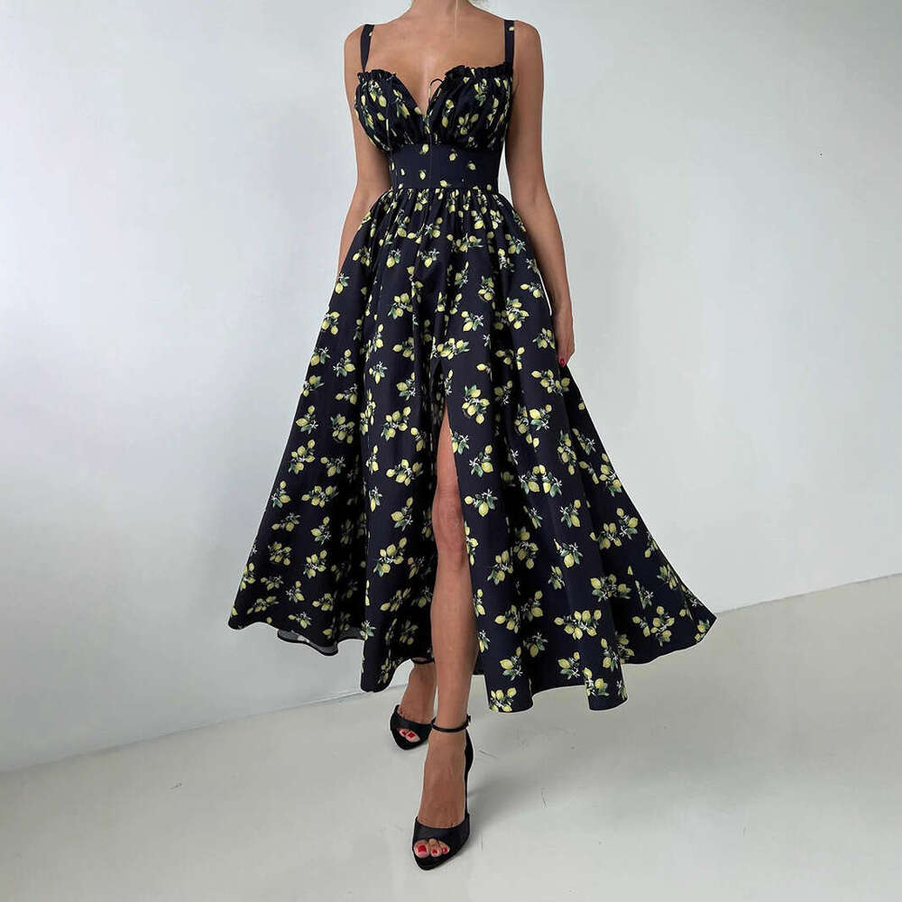 Floral Strap Summer New Low Neck Tie Slit High Waist Printed Dress B5