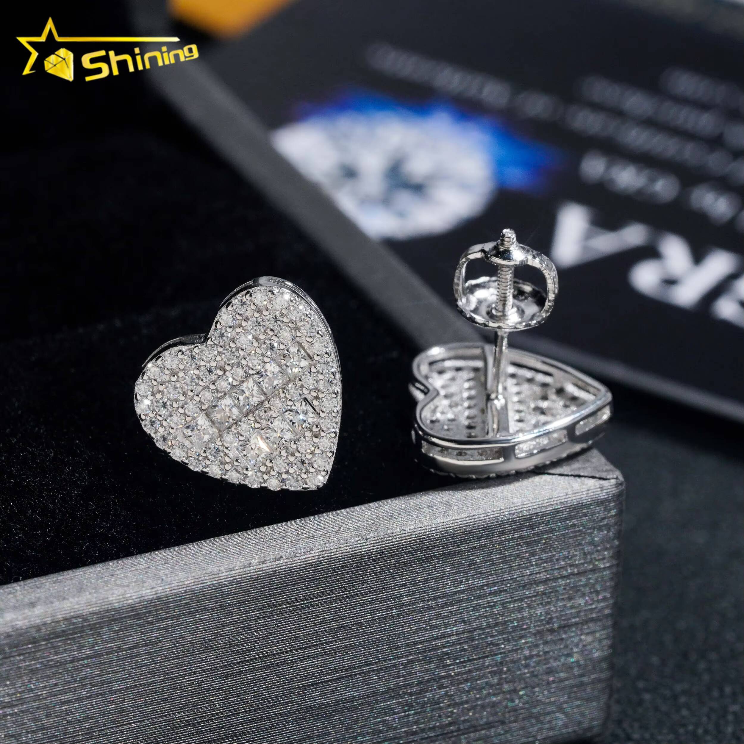 Pass Diamond Tester Iced Out Hip Hop Silver Gold Plated Heart Moissanite Earring for Men