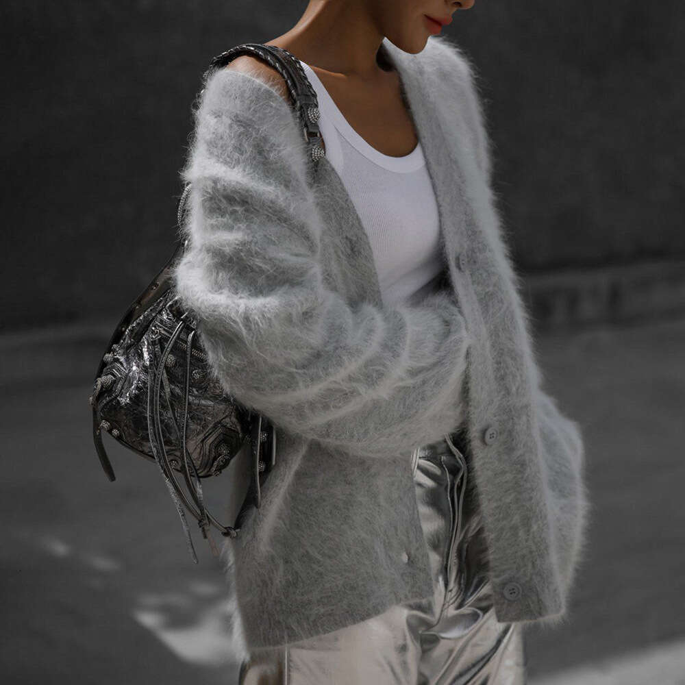 Faux Mink Knit Cardigan Autumn Winter Lazy Loose Long Sleeve V-Neck Sweater Coat For Women B5