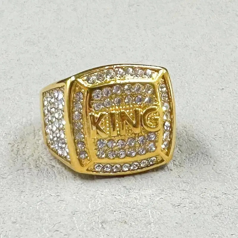 Hip Hop full rhinestone 316L Stainless Steel Gold color King Finger Rings for Men Rapper party Jewelry 250716