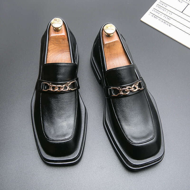 Business Formal New Men's Square Toe Casual Korean Style Trendy Hairstylist Thick Sole White Wedding Leather Shoes