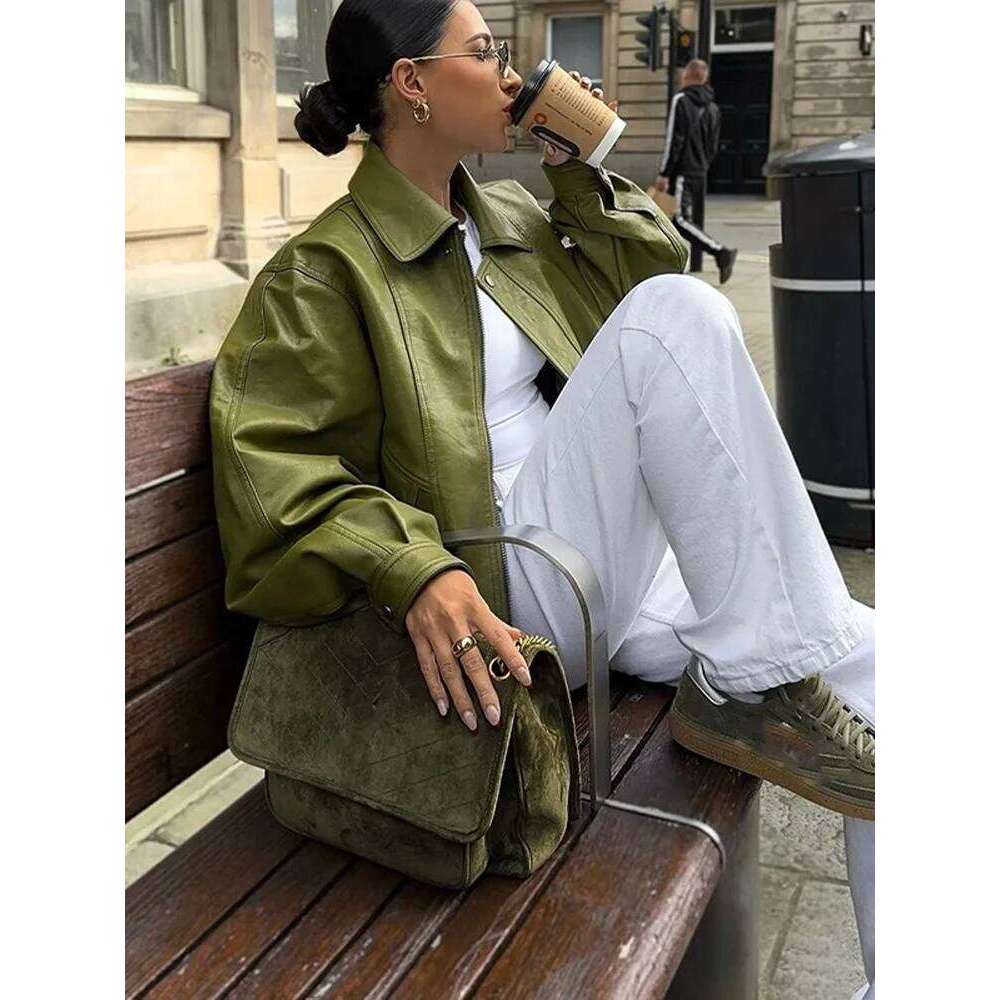 Fashion Lapel Collar Green Pu Leather Short Jackets For Women Locomotive Button Long Sleeve Coats Female 2024 Autumn Office Wear