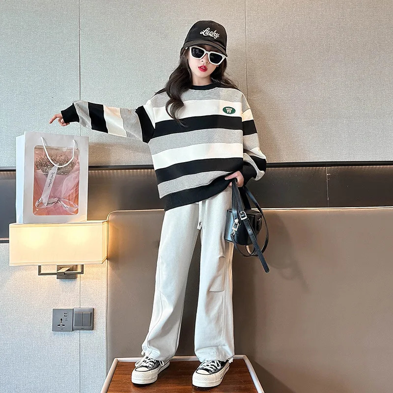 Spring Autumn Girls Cotton Loose Contrast Stripes Sweatshirt School Kids Track Pullover Coat Tops Children Workout Jumper 5-16Yr 250716