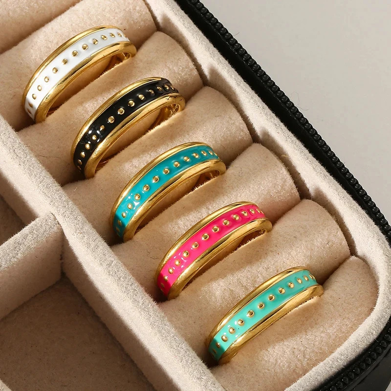 Boho Enamel Turquoise Stone Wide Rings Stainless Steel Gold Plated Hollow Multilayer Adjustable Open Rings Trend Rings for Women 250716