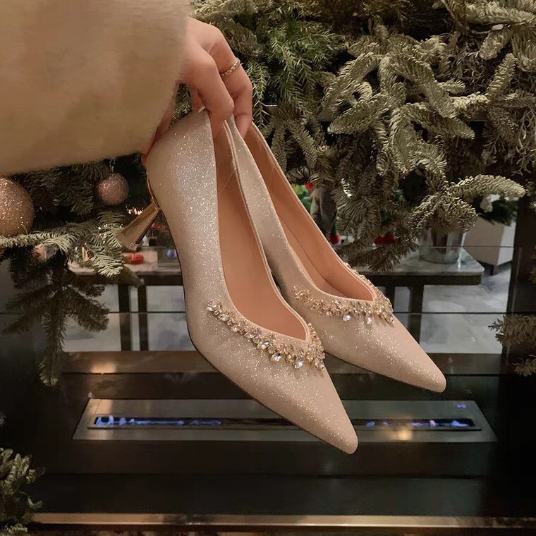 Sheepskin Version ~ Grape Mom Same Style French Shiny Rhinestone Elegant Pointed Toe Shallow Mouth Wedding Shoes High Heels for Women ddmysaturn