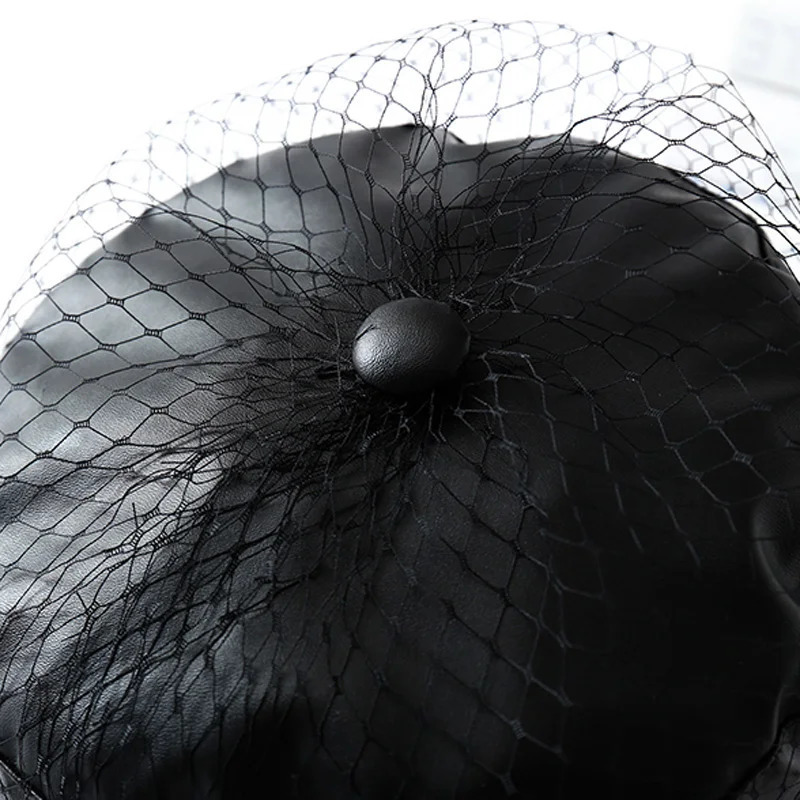 Spring and summer black PU lace veil sboy caps Fmale Flat top black Mesh letter multiple styles fashion hats 250716