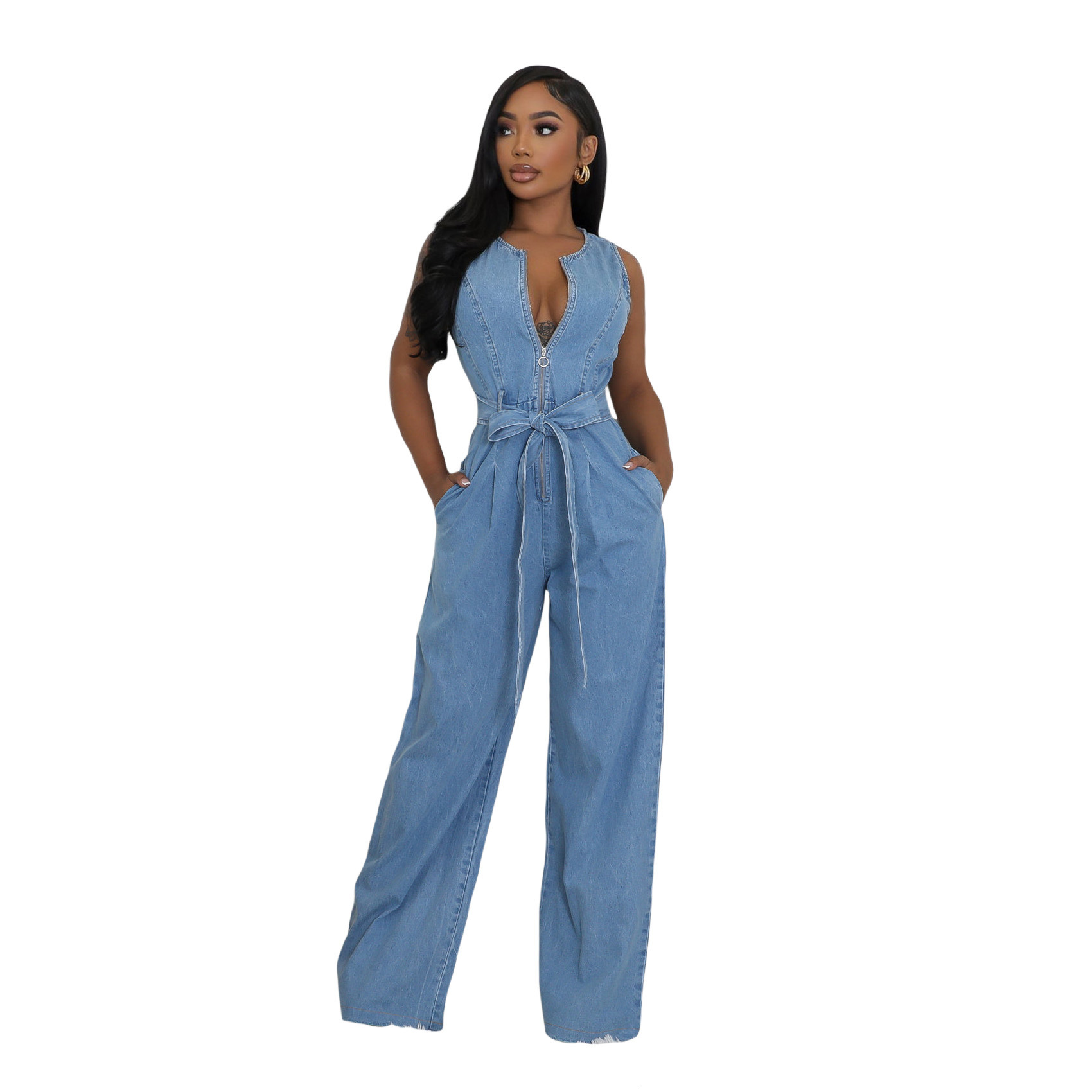 6990 tight waist slim fit elastic wash denim jumpsuit straight tube loose jumpsuit