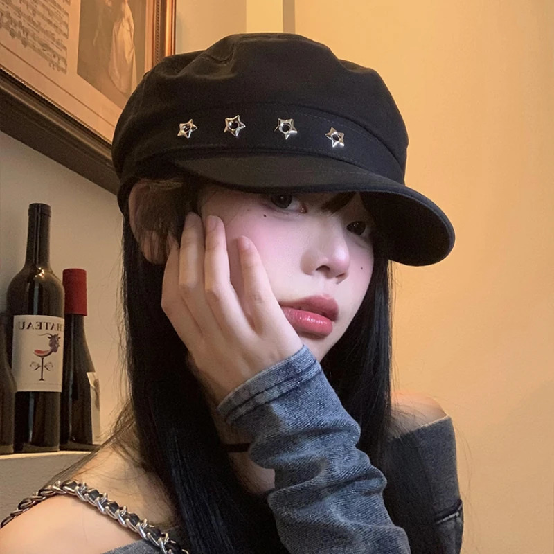 Star Hole Black Berets for Women Summer Autumn Outdoor Casual Sun Protection Versatile Personality Flat Top sboy Hats 250716