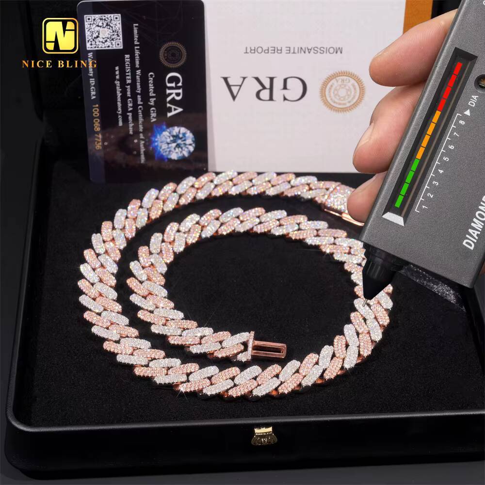 Hot Sale 925 Sterling Silver Iced Out 16MM 3 Rows Round Shape Moissanite Cuban Link Chain Men Hip Hop Jewelry Necklace