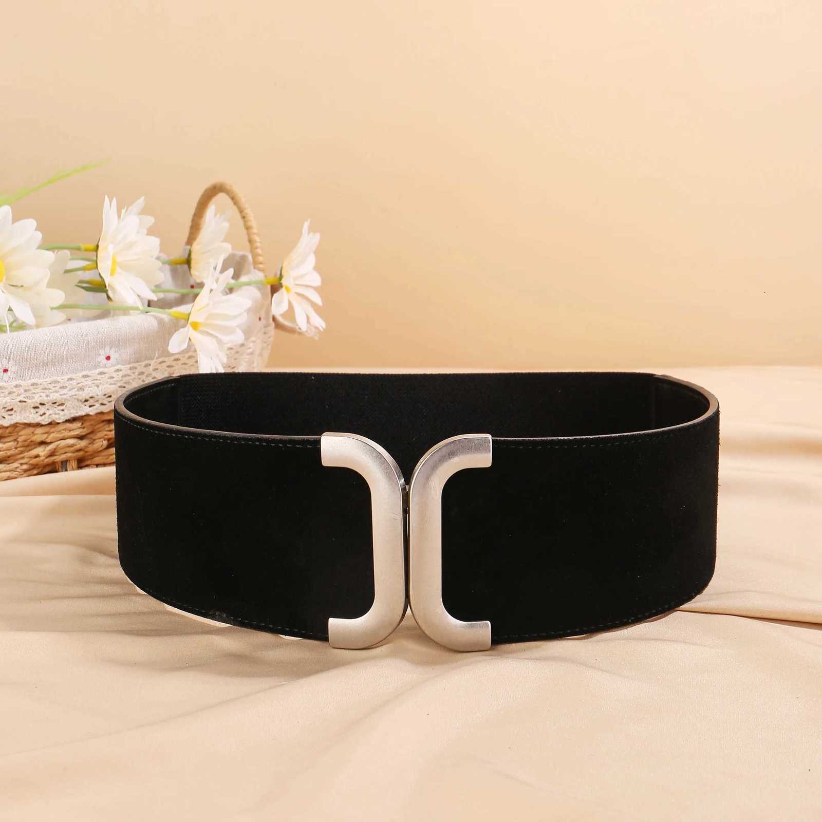 New Womens Suede Elastic Belt Wide Stretchy Belt Vintage Sliver Buckle Belts Fashion High Waist Belts W250717