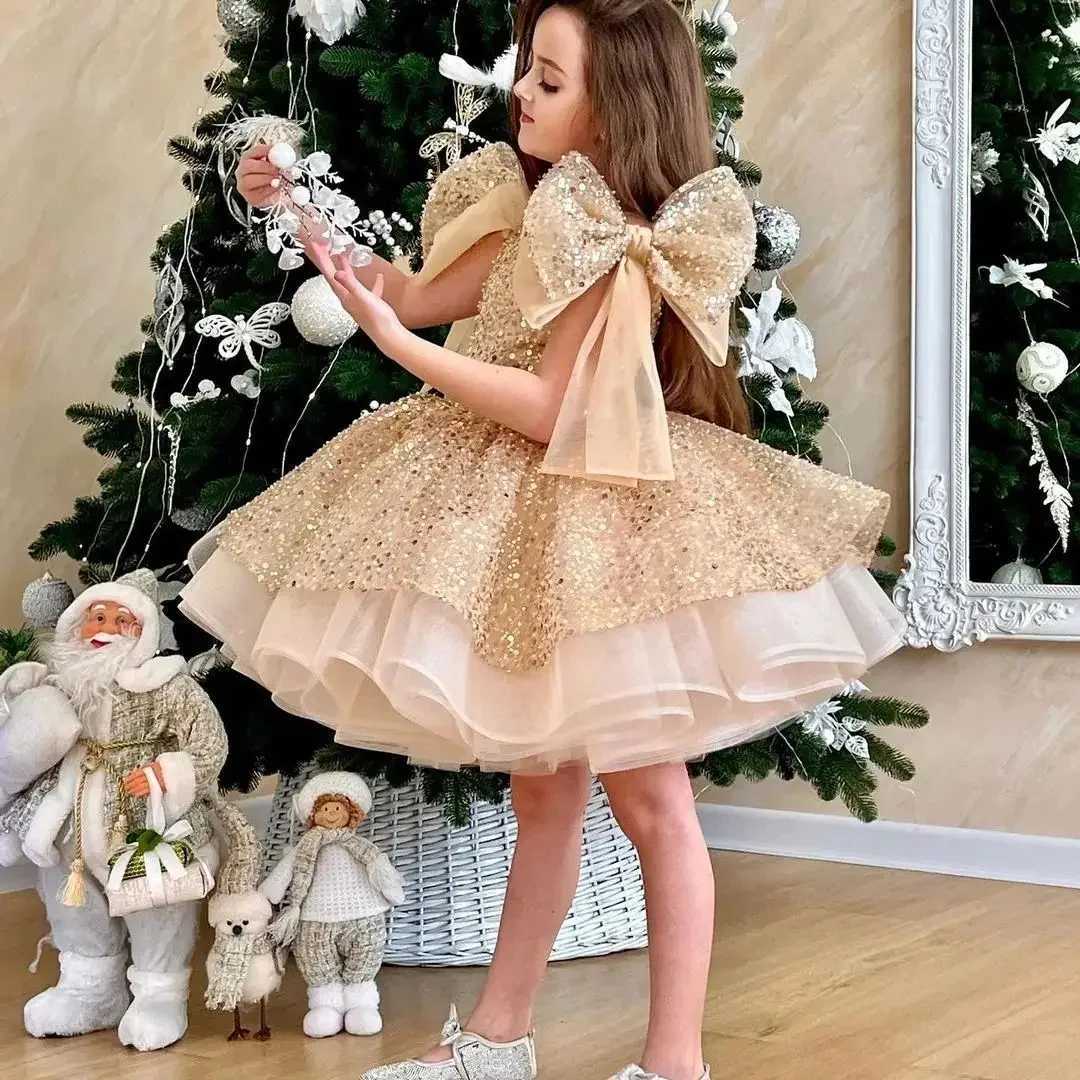 Champagne Flower Girl Dress For Wedding Glitter Shining With Bow Cute Baby Pageant Dress Princess First Communion Ball Gowns Z250716