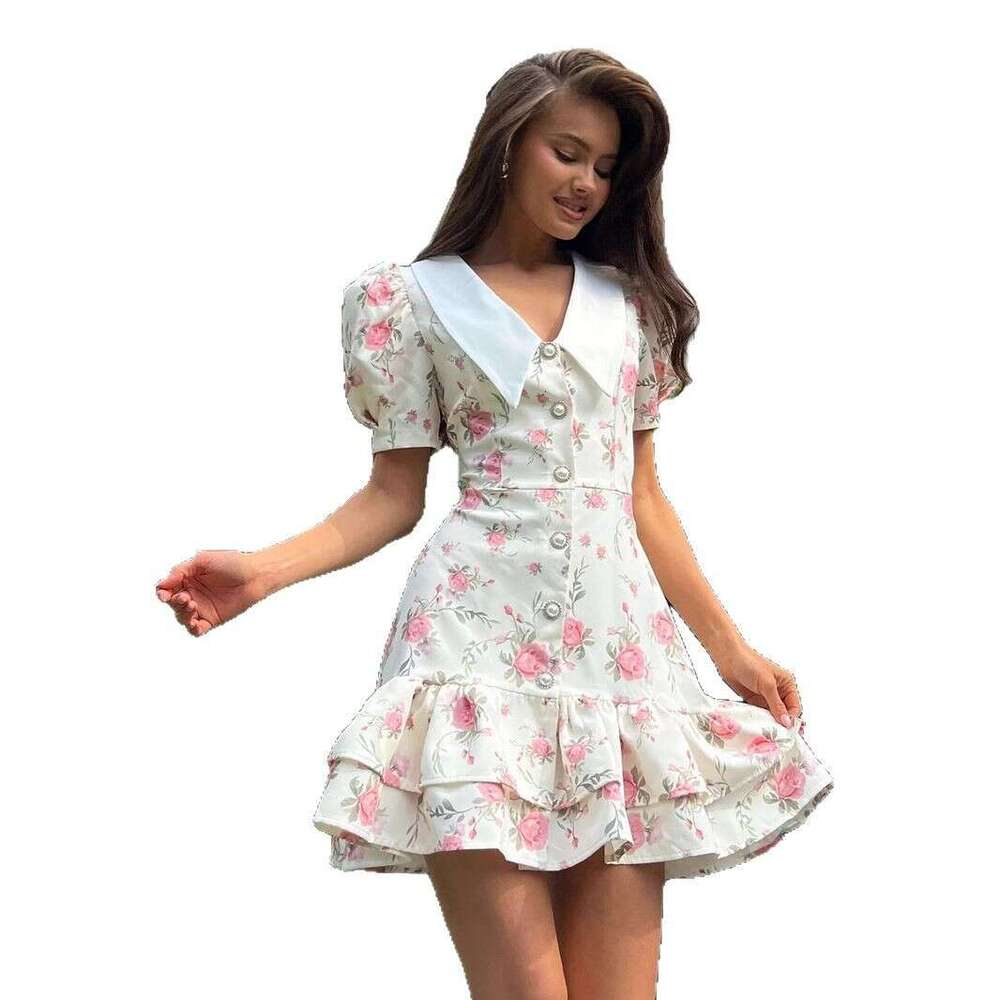 French Style V-Neck Puff Sleeve Summer Waist-Cinching Printed Short Dress With Ruffles B5