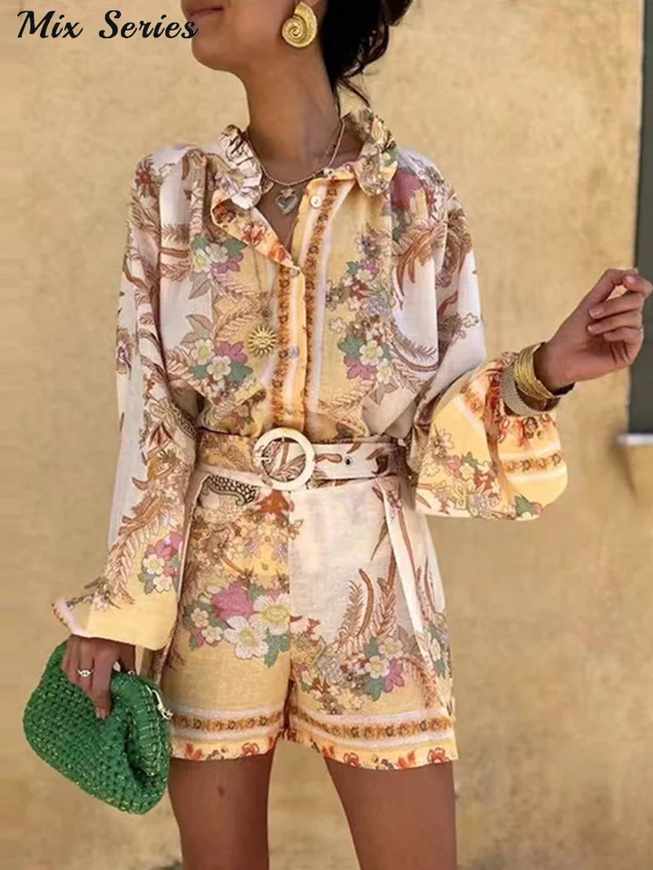 Casual Print Tops Shorts Sets Loose Stand Collar Lantern Sleeve Top High Waist Short Pant 2025 Summer Lady Vacation Suit 250714