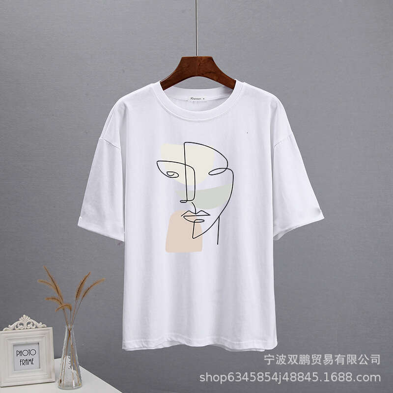 Summer Abstract Aesthetic Print For Women, Pure Cotton, Soft, Loose Basic Top, Ins Style T-Shirt B5