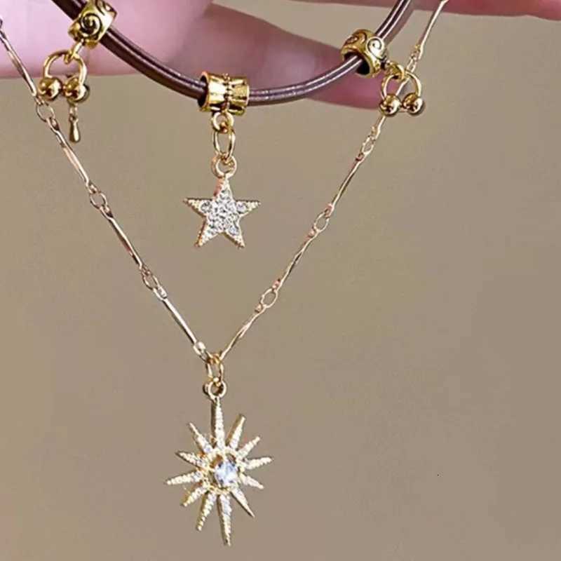 Sun Star Zircon Necklace for Women Vintage Leather Necklace Double Layered Pendant Chain Choker Fashion Jewelry XJ250717