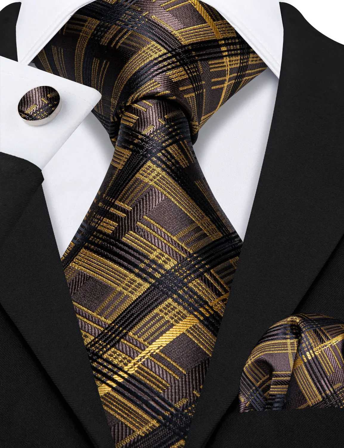Mens Necktie Set Brown Gold and Blk Floral Silk Tie Pocket Square Cufflinks for Weddings L250926BT14