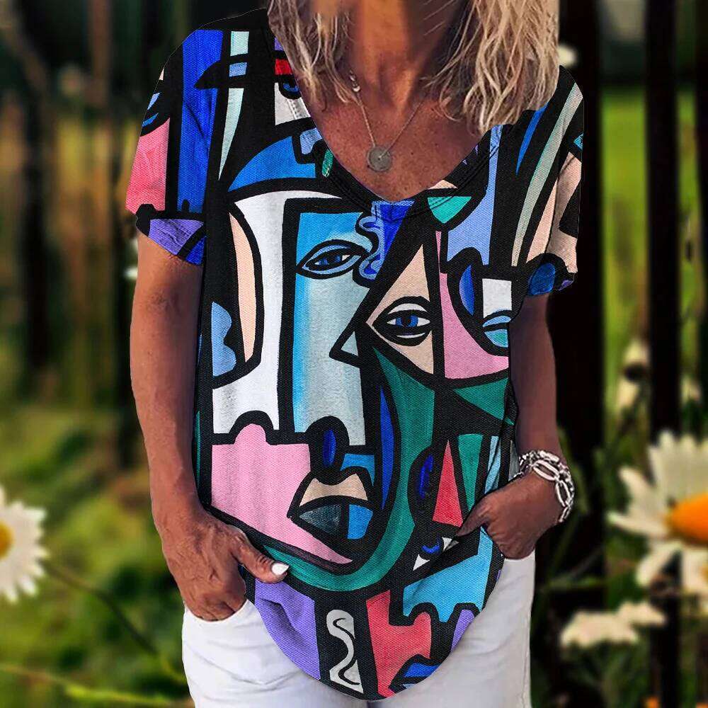 New Abstract 3D Painting Vintage Elegant Women's T-Shirts Short Sleeve Fashion Trend Tee Casual Style Lady's Clothing