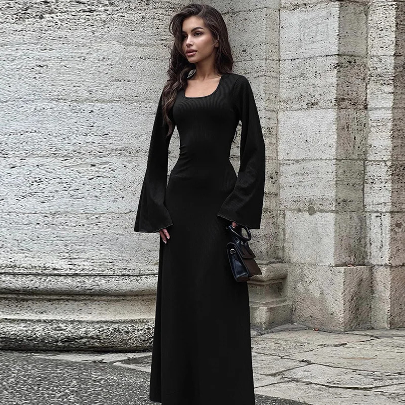 Long Sleeve Women Dress Fashion Square Neck Slim Fit Casual Y2k Elegant Party Club Dresses Black Knitted Evening Dress 250809