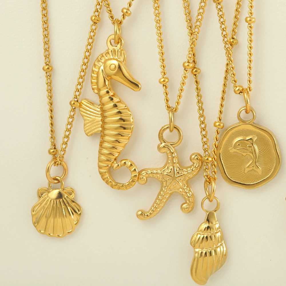 Golden Choker Women Stainless Steel Pendant Necklace Conch Starfish Bow Pendants Fashionable Womens Chunky Jewelry One Piece XJ250717