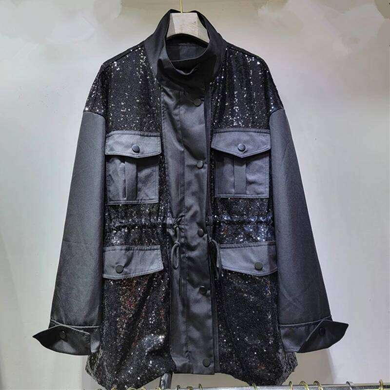 KBQ Hit Color Chic Windbreaker For Women Stand Collar Long Sleeve Patchwork Single Breasted Loose Temperament Coats Female New