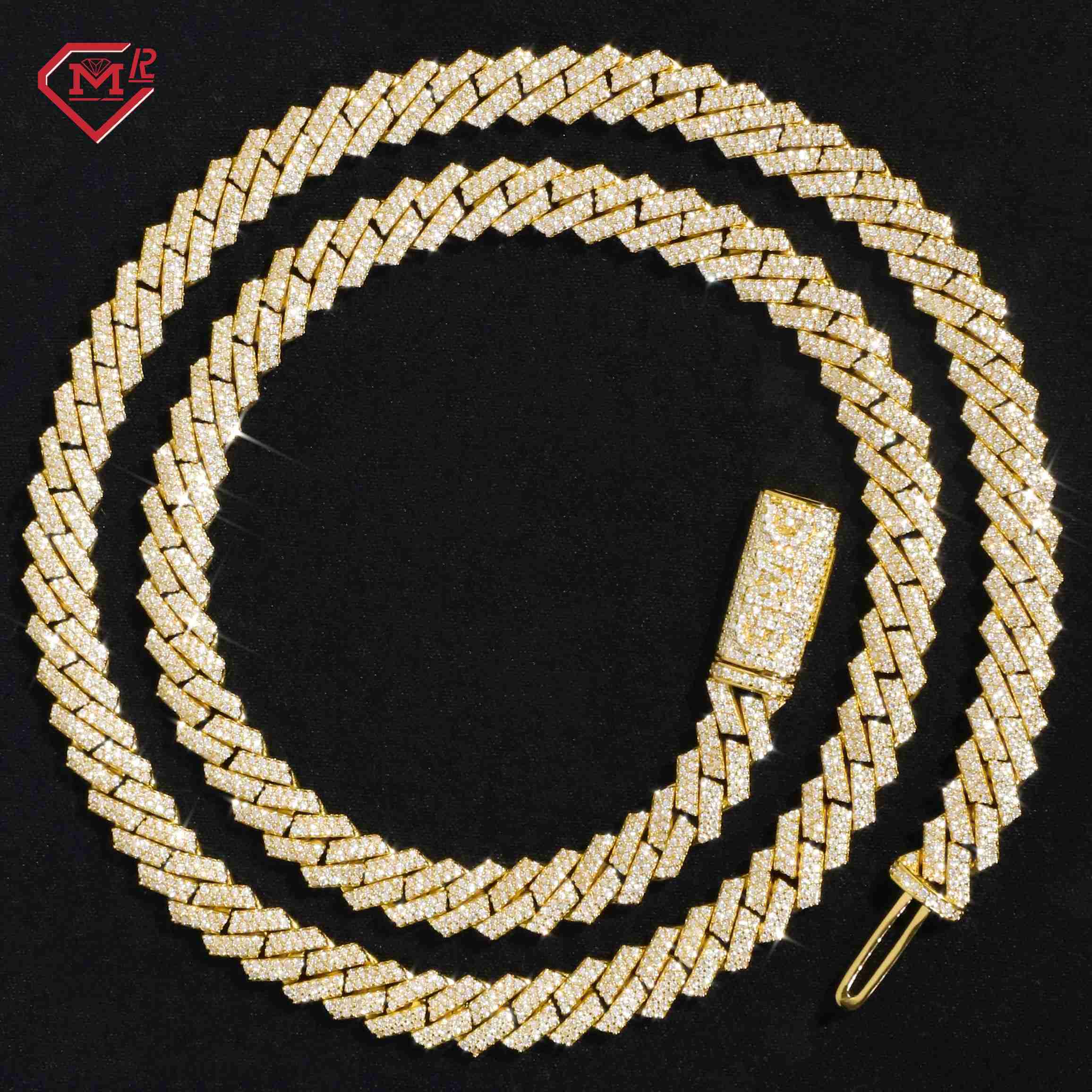 Custom Moissanite Cuban Chain 2 Row 10K Gold Iced Out Hip Hop Moissanite Cuban Link Chain