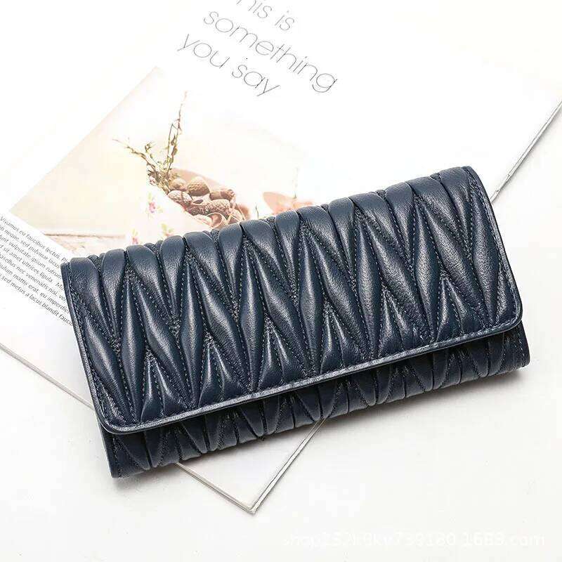 Women Long Pleated Wallet Fashion Hasp Zipper Multifunction Card Holder Sheepskin Genuine Leather Female Coin Clutch Purse